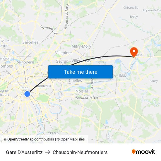 Gare D'Austerlitz to Chauconin-Neufmontiers map