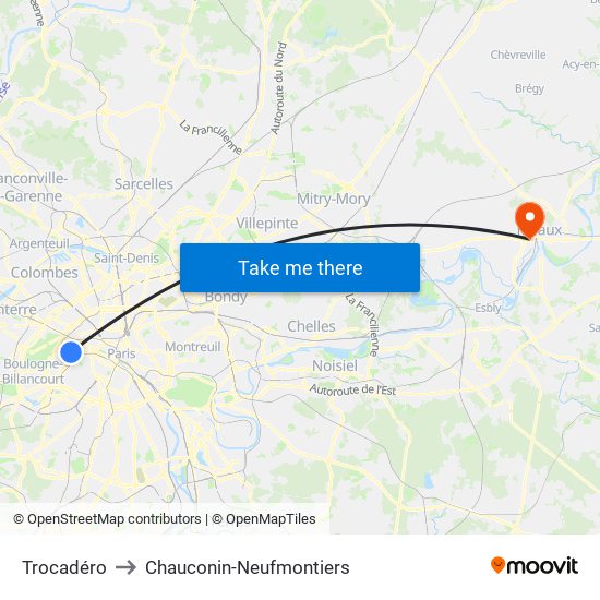 Trocadéro to Chauconin-Neufmontiers map