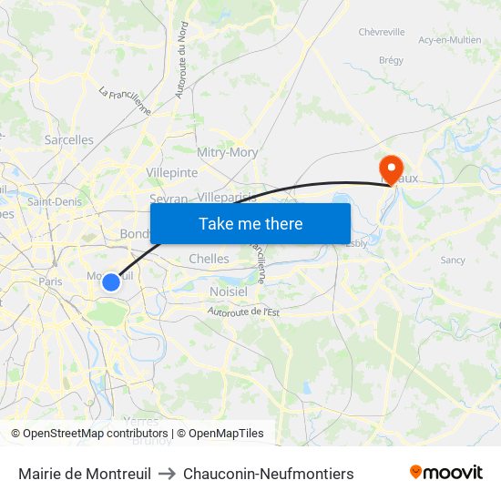 Mairie de Montreuil to Chauconin-Neufmontiers map