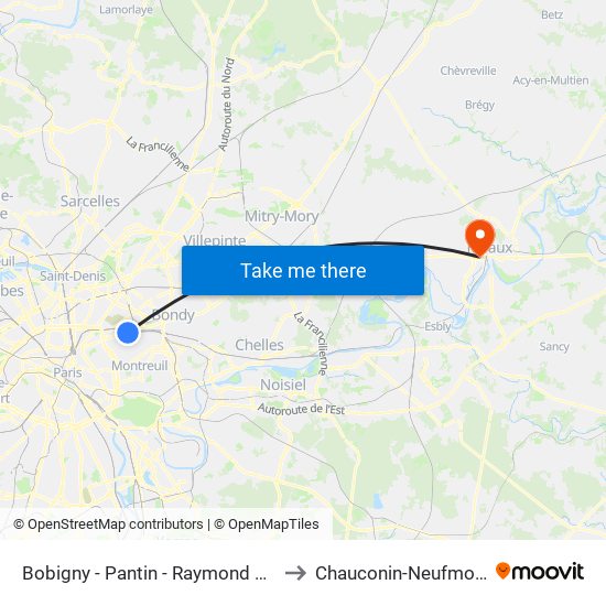Bobigny - Pantin - Raymond Queneau to Chauconin-Neufmontiers map