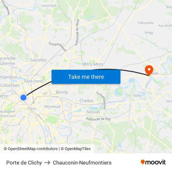 Porte de Clichy to Chauconin-Neufmontiers map