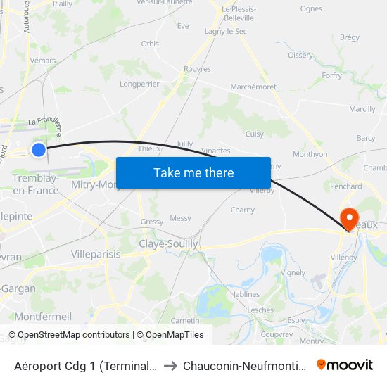 Aéroport Cdg 1 (Terminal 3) to Chauconin-Neufmontiers map