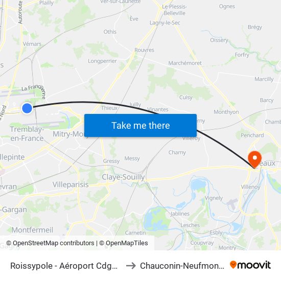 Roissypole - Aéroport Cdg1 (D3) to Chauconin-Neufmontiers map