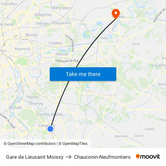 Gare de Lieusaint Moissy to Chauconin-Neufmontiers map