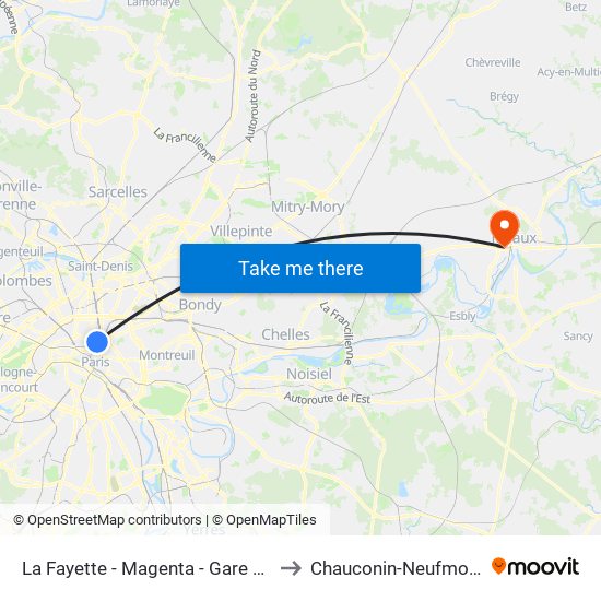 La Fayette - Magenta - Gare du Nord to Chauconin-Neufmontiers map