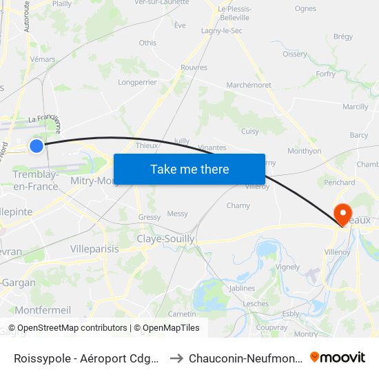Roissypole - Aéroport Cdg1 (E2) to Chauconin-Neufmontiers map