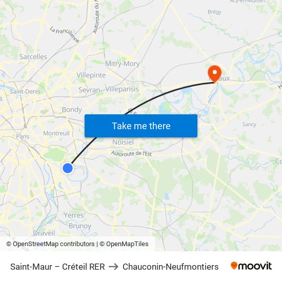 Saint-Maur – Créteil RER to Chauconin-Neufmontiers map