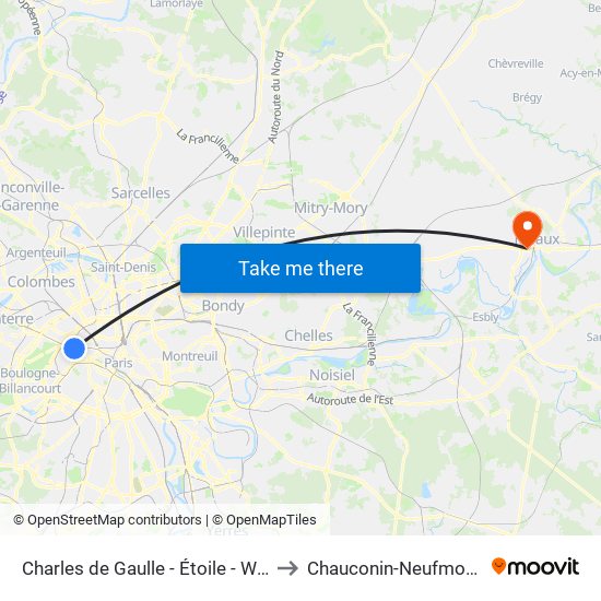 Charles de Gaulle - Étoile - Wagram to Chauconin-Neufmontiers map