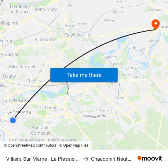 Villiers-Sur-Marne - Le Plessis-Trévise RER to Chauconin-Neufmontiers map
