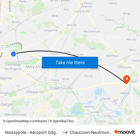 Roissypole - Aéroport Cdg1 (D1) to Chauconin-Neufmontiers map