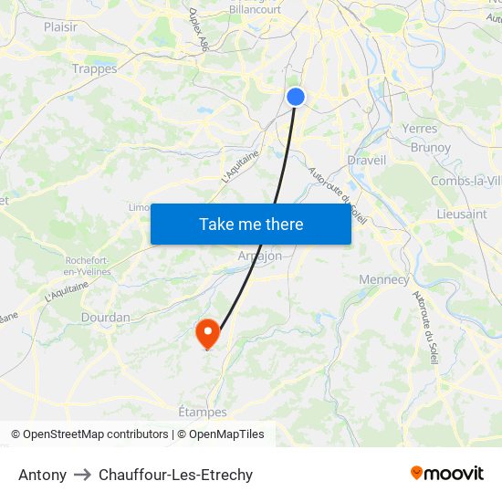 Antony to Chauffour-Les-Etrechy map