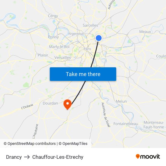 Drancy to Chauffour-Les-Etrechy map
