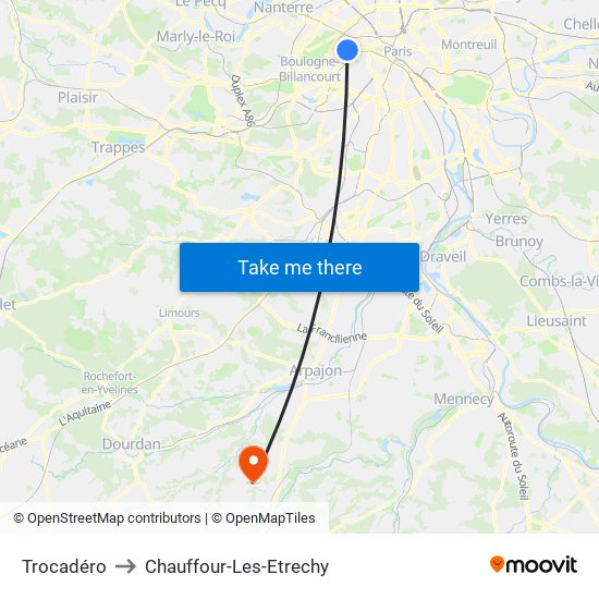 Trocadéro to Chauffour-Les-Etrechy map