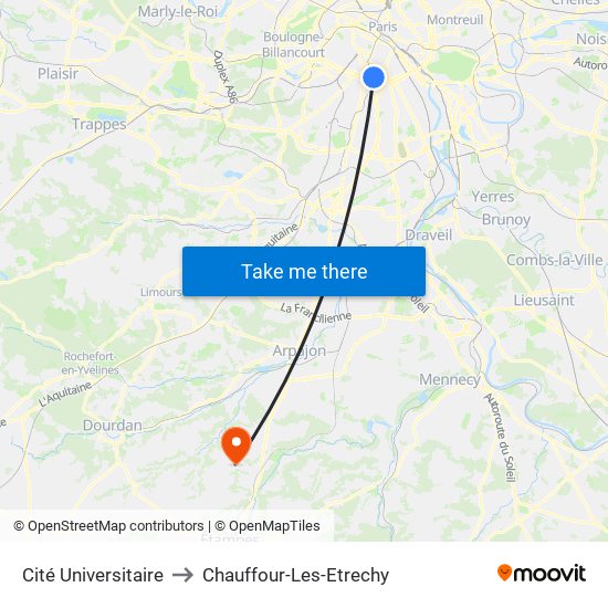 Cité Universitaire to Chauffour-Les-Etrechy map