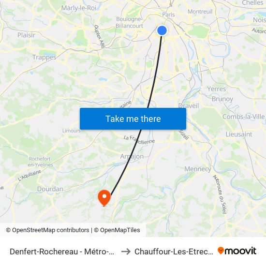 Denfert-Rochereau - Métro-Rer to Chauffour-Les-Etrechy map