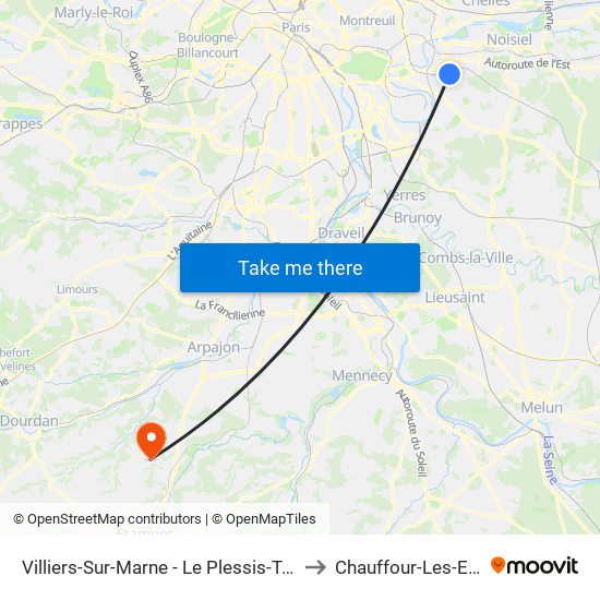 Villiers-Sur-Marne - Le Plessis-Trévise RER to Chauffour-Les-Etrechy map