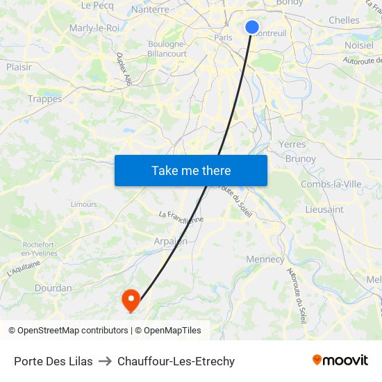 Porte Des Lilas to Chauffour-Les-Etrechy map