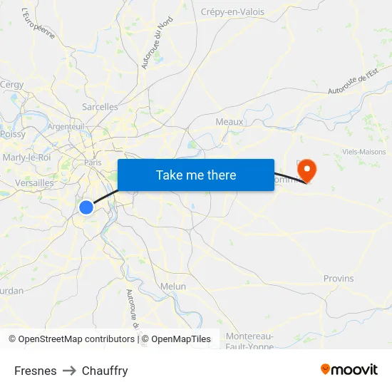 Fresnes to Chauffry map