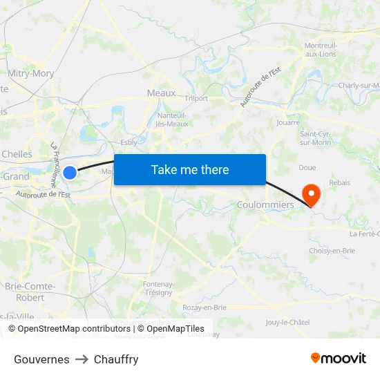 Gouvernes to Chauffry map