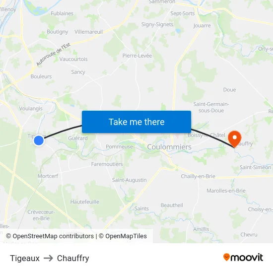 Tigeaux to Chauffry map