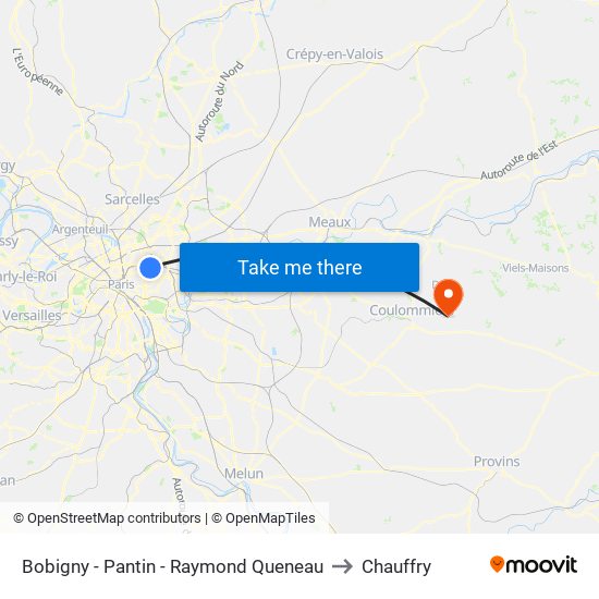 Bobigny - Pantin - Raymond Queneau to Chauffry map