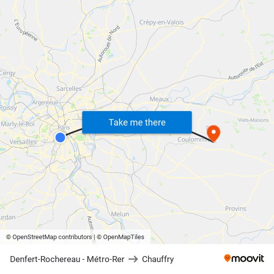 Denfert-Rochereau - Métro-Rer to Chauffry map