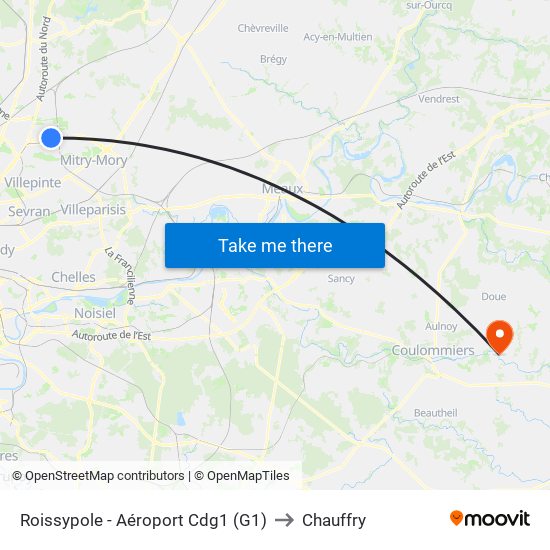 Roissypole - Aéroport Cdg1 (G1) to Chauffry map