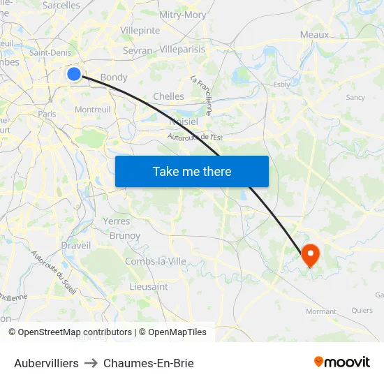 Aubervilliers to Chaumes-En-Brie map