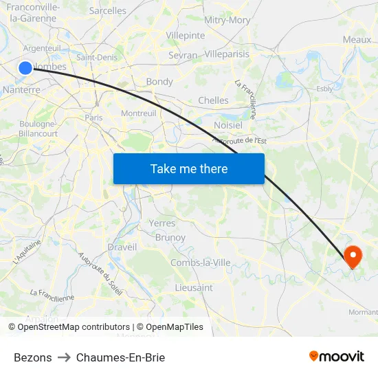 Bezons to Chaumes-En-Brie map