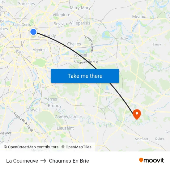 La Courneuve to Chaumes-En-Brie map