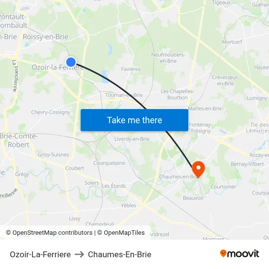 Ozoir-La-Ferriere to Chaumes-En-Brie map