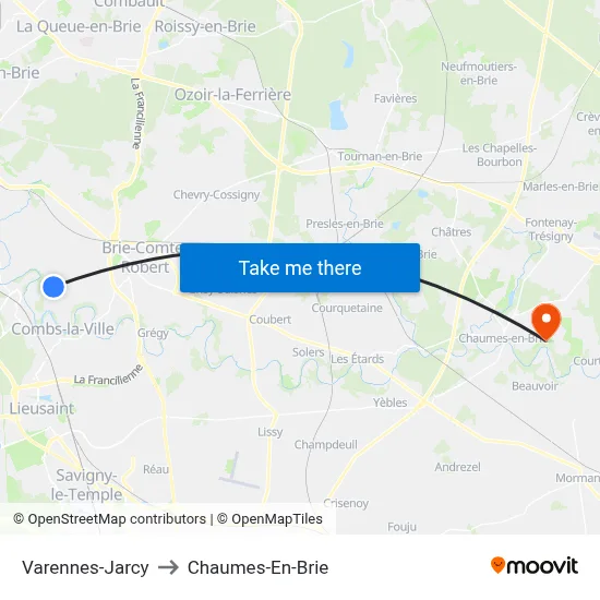 Varennes-Jarcy to Chaumes-En-Brie map