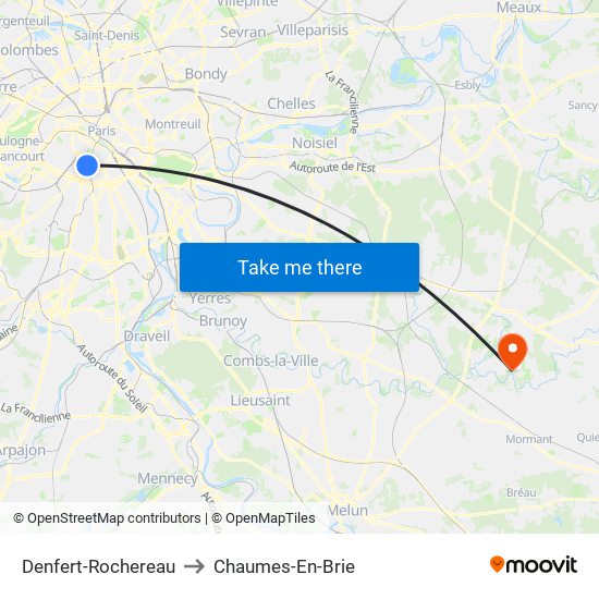 Denfert-Rochereau to Chaumes-En-Brie map
