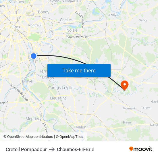 Créteil Pompadour to Chaumes-En-Brie map