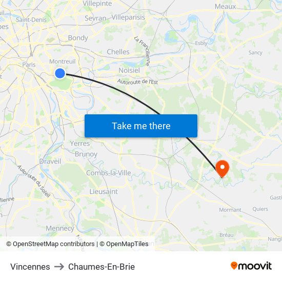 Vincennes to Chaumes-En-Brie map