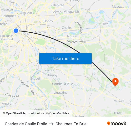 Charles de Gaulle Etoile to Chaumes-En-Brie map