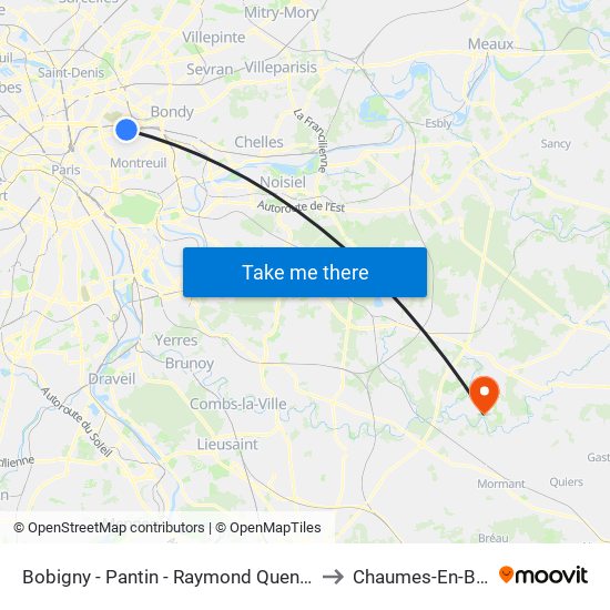 Bobigny - Pantin - Raymond Queneau to Chaumes-En-Brie map