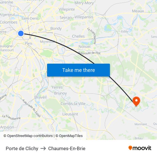 Porte de Clichy to Chaumes-En-Brie map