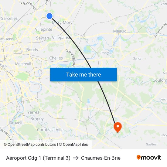 Aéroport Cdg 1 (Terminal 3) to Chaumes-En-Brie map