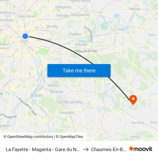 La Fayette - Magenta - Gare du Nord to Chaumes-En-Brie map