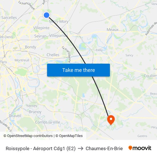 Roissypole - Aéroport Cdg1 (E2) to Chaumes-En-Brie map