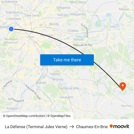 La Défense (Terminal Jules Verne) to Chaumes-En-Brie map