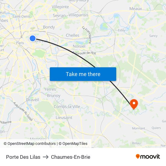 Porte Des Lilas to Chaumes-En-Brie map