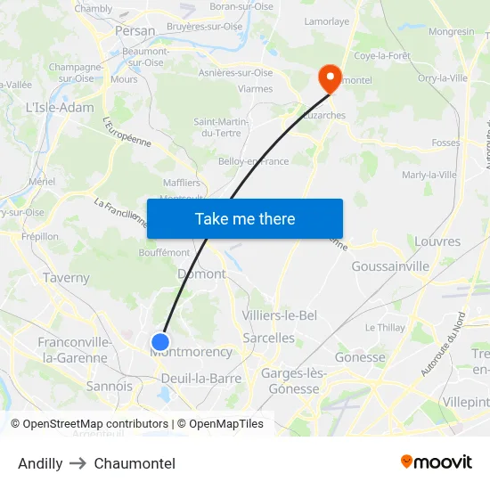 Andilly to Chaumontel map