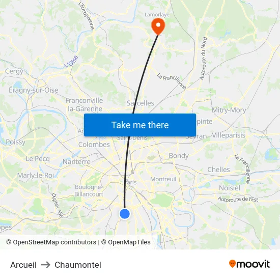 Arcueil to Chaumontel map