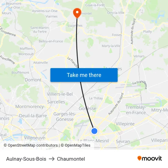 Aulnay-Sous-Bois to Chaumontel map