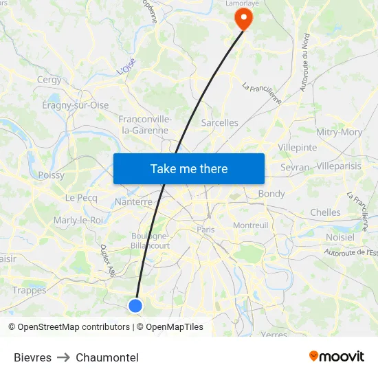 Bievres to Chaumontel map