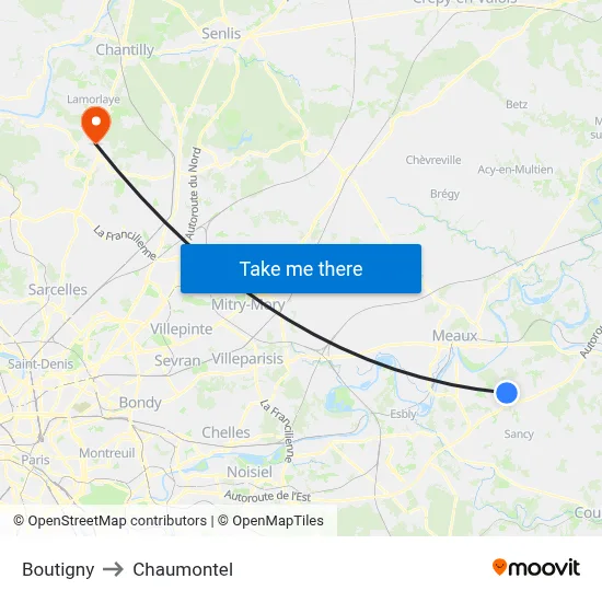 Boutigny to Chaumontel map
