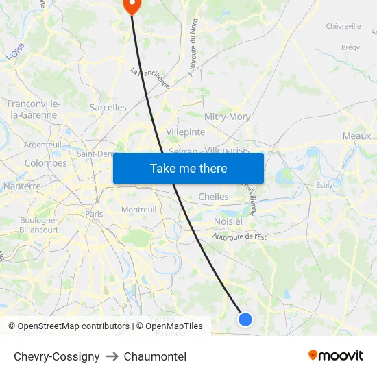 Chevry-Cossigny to Chaumontel map