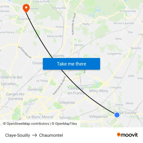 Claye-Souilly to Chaumontel map